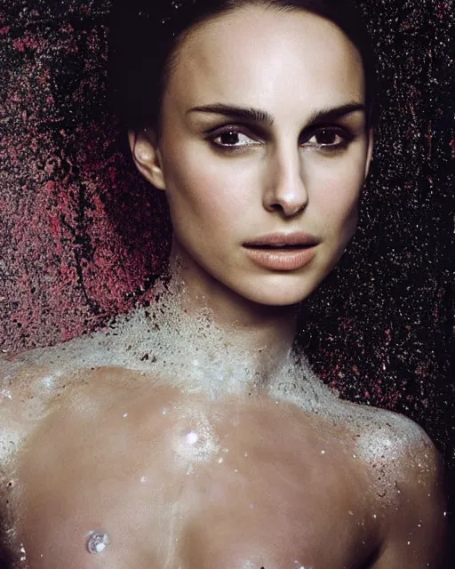 Prompt: nathalie portman wearing a risque outfit made from splats of yoghurt, female beauty, half body portrait, greg kutkowski, sharp details, soft lighting, subsurface scattering, pearls of sweat, glistening skin, warm lighting