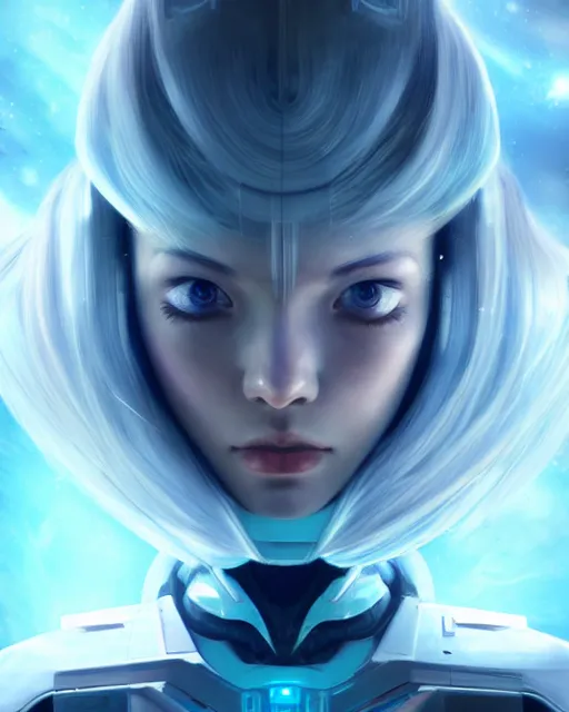 Image similar to perfect android girl on a mothership, warframe armor, beautiful face, scifi, futuristic, galaxy, nebula, raytracing, dreamy, long white hair, blue cyborg eyes, sharp focus, cinematic lighting, highly detailed, artstation, divine, by gauthier leblanc, kazuya takahashi, huifeng huang