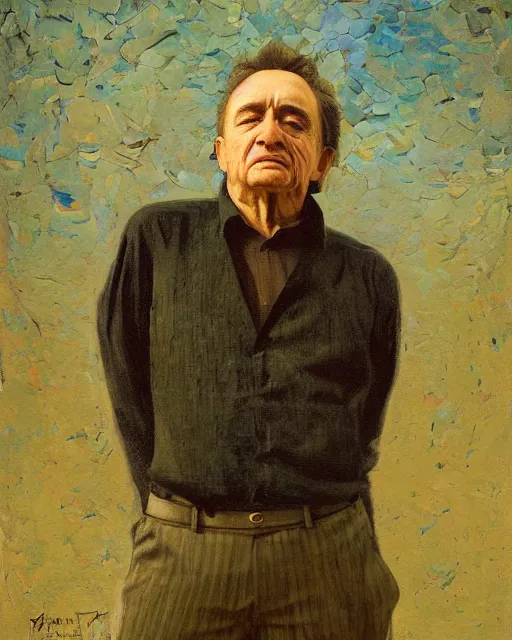 Prompt: painterly portrait, Johnny Cash, impasto, fantasy, chuck close:7, carl spitzweg:7, cinematic light, full face, symmetrical face