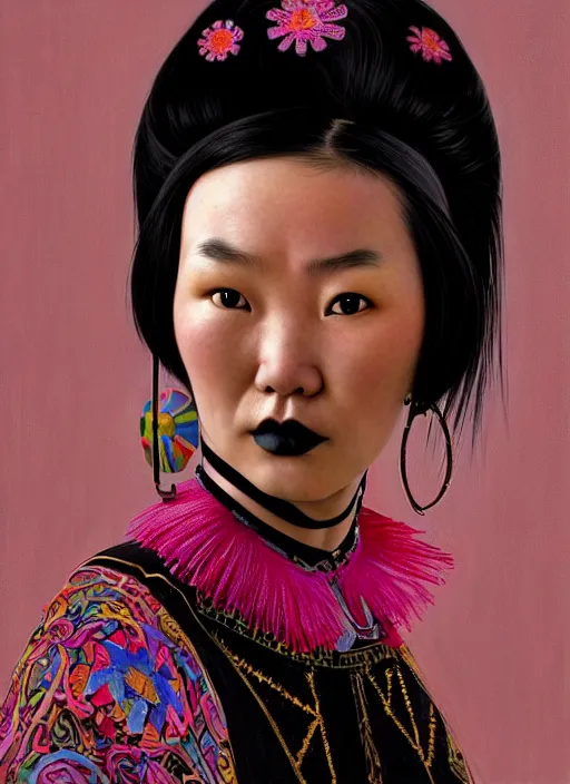 Image similar to portrait of a mongolian woman with a crooked nose and a confident expression, 1 9 6 0 s, black clothes, goth, punk, brightly coloured hair, funk, intricate, elegant, highly detailed, digital painting, artstation, concept art, smooth, sharp focus, illustration, art by wlop, mars ravelo and greg rutkowski