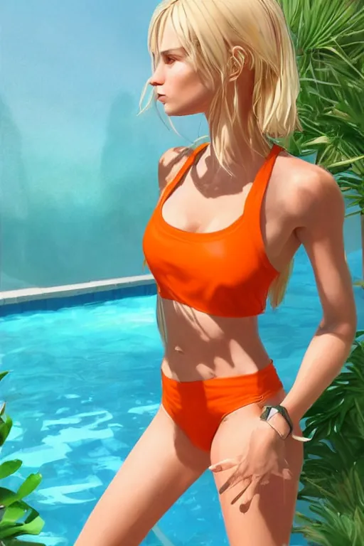 Image similar to a beautiful, very fit woman with hip-length blonde hair, wearing a short white crop top and short orange athletic shorts, stands by a swimming pool, facing forward, in the style of artgerm and moebius and annie liebovitz, photorealistic, highly detailed, trending on artstation