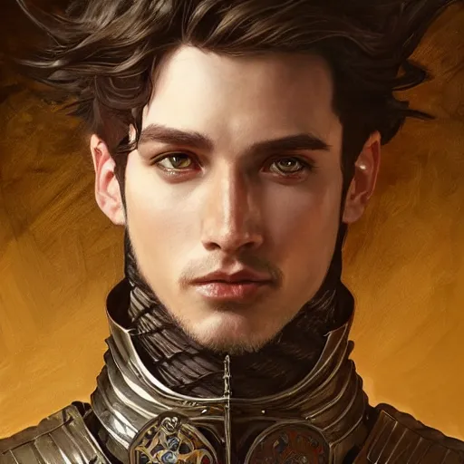 Image similar to portrait of a male knight, D&D, fantasy, intricate, elegant, highly detailed, digital painting, artstation, concept art, smooth, sharp focus, illustration, art by artgerm and greg rutkowski and alphonse mucha