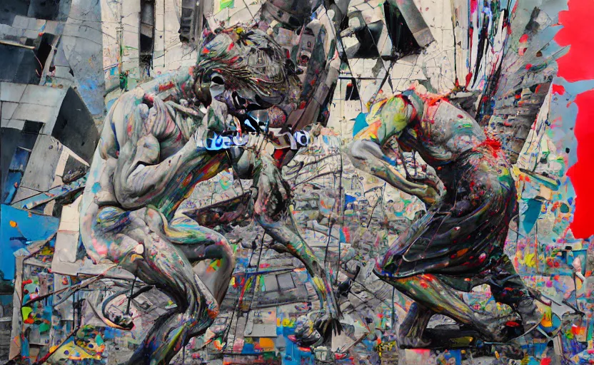 Image similar to decollage painting old man struggle on a street of ruined city with his muscles and ligaments in incredible tension by adrian ghenie and takato yamamoto and edward hopper and mark ryden and tsutomu nihei, part by bridget riley, acrylic pour and splashing paint, very coherent, baroque elements, perfect anatomy, intricate design. pop art.