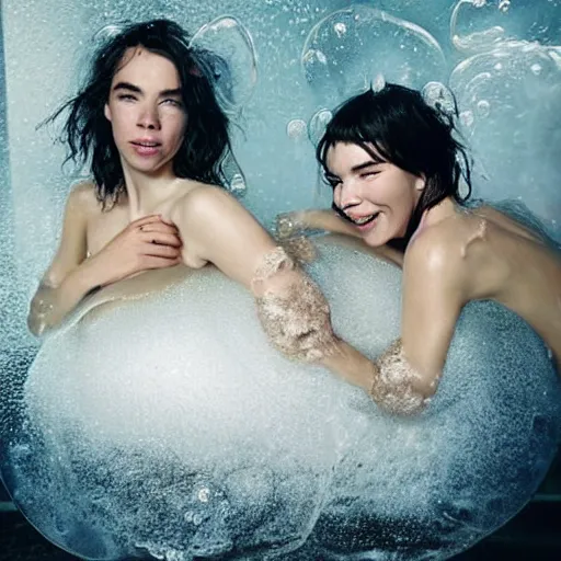 Image similar to stunning vogue magazine photo of dark - haired goddesses vanessa kirby, hailee steinfeld, and bjork smiling, legs intertwined, in a bubble bath, with wet faces!!, wet lips, smooth skin, perfect eyes, insanely detailed, elegant, by wlop, rutkowski, livia prima, mucha, wlop,