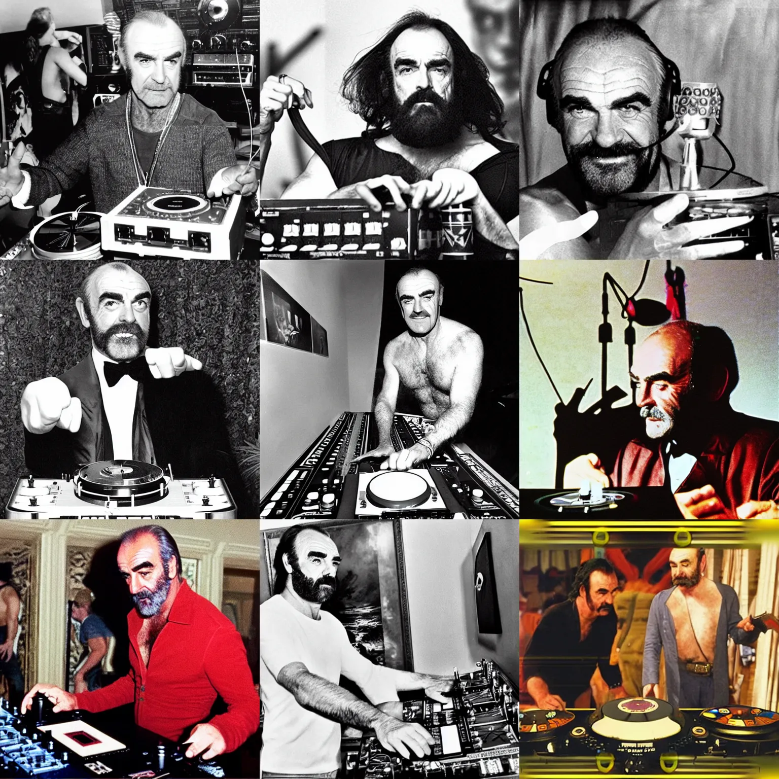 Prompt: Sean Connery Zardoz DJing with DJ turntables, photoreal