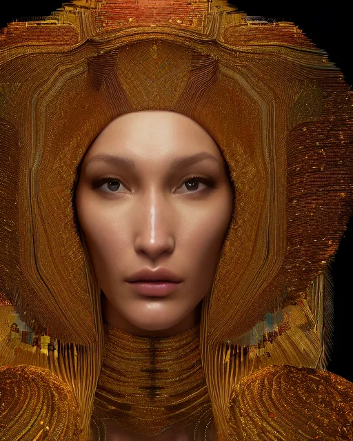 Image similar to a highly detailed metahuman 8 k close up render of bella hadid in gustav klimt style trending on artstation made in unreal engine 4