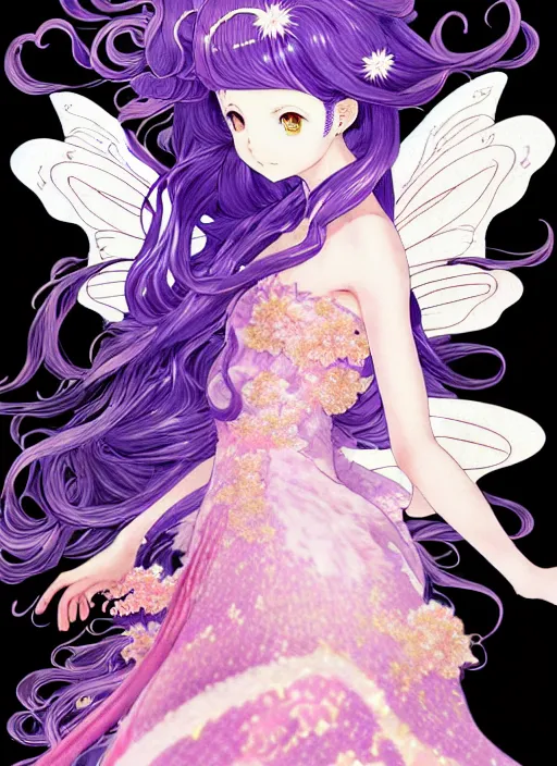 Image similar to exquisite imaginative manga poster art fairy princess, fate, long wavy hair, rococo ruffles dress, shimmering, by shigenori soejima, minaba hideo, katsuhiro otomo, jump comics, illustration, artstation, dark fantastic, highly detailed, 8 k, fluorescent, maximalist