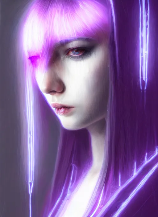 Image similar to hair whitebangs hair, black cyberlox, portrait of normal teenage girl with white bangs, messy bangs, cyberlox, whitebangs, red irises, purple clothes, intricate, elegant, glowing lights, highly detailed, digital painting, artstation, concept art, sharp focus, smooth, illustration, art by wlop, mars ravelo and greg rutkowski