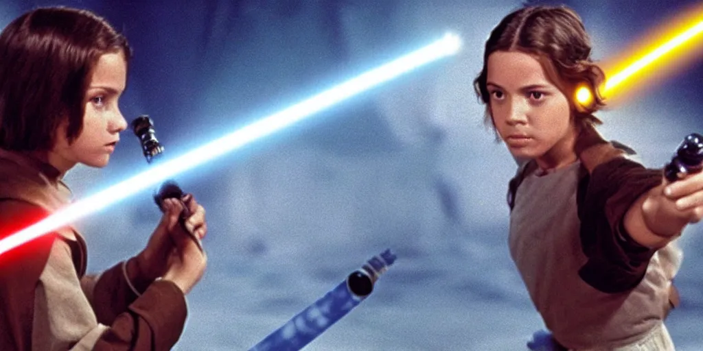 Image similar to a full color still of a teen brunette Jedi padawan holding a lightsaber hilt during a sci-fi battle, cinematic lighting, 1999, directed by Steven Spielberg, 35mm