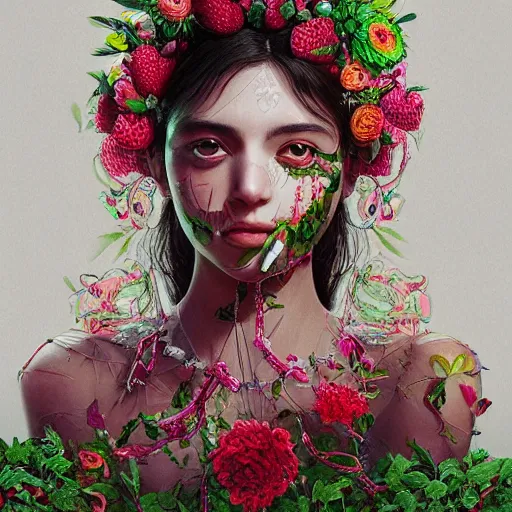 Image similar to the portrait of an absurdly beautiful, graceful, elegant, young mexican girl made of strawberries and green petals, an ultrafine hyperdetailed illustration by kim jung gi, irakli nadar, intricate linework, bright colors, octopath traveler, final fantasy, angular, unreal engine 5 highly rendered, global illumination, radiant light, detailed and intricate environment