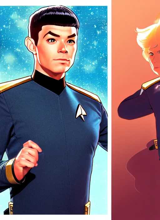 Image similar to cute star trek officer luke thomas, natural lighting, path traced, highly detailed, high quality, digital painting, by don bluth and ross tran and studio ghibli and alphonse mucha, artgerm