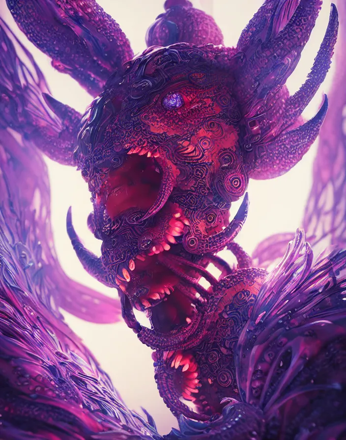 Prompt: demon goddess close-up portrait tribal, jellyfish phoenix dragon, butterfly squid, burning halo, intricate artwork by Tooth Wu and wlop and beeple, greg rutkowski, very coherent symmetrical artwork, cinematic, hyper realism, high detail, octane render, unreal engine, 8k, Vibrant colors, Smooth gradients, High contrast, depth of field