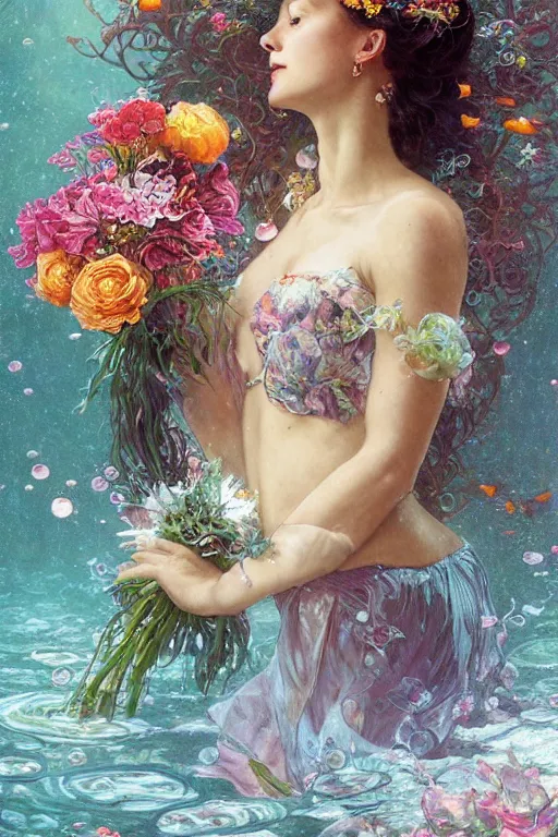 Image similar to portrait of a beautiful mysterious woman holding a bouquet of flowing flowers, small bubbles from her mouth, hands hidden under the bouquet, submerged underwater filled with colorful small fish and coral reef, fantasy, regal, intricate, by stanley artgerm lau, greg rutkowski, thomas kindkade, alphonse mucha, loish, norman rockwell