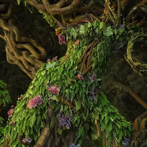 Image similar to Giant Mother Nature made of vines and leaves and a crown made of flowers towering over a tropical island, Dramatic Lighting, Trending on Artstation HQ, 4K, UHD.