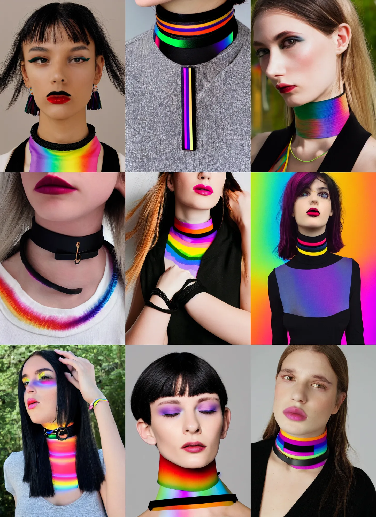 Image similar to straight neck, black choker, rainbow saturation