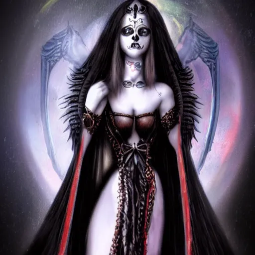 Image similar to candid photographic portrait, goddess of death, by anne stokes