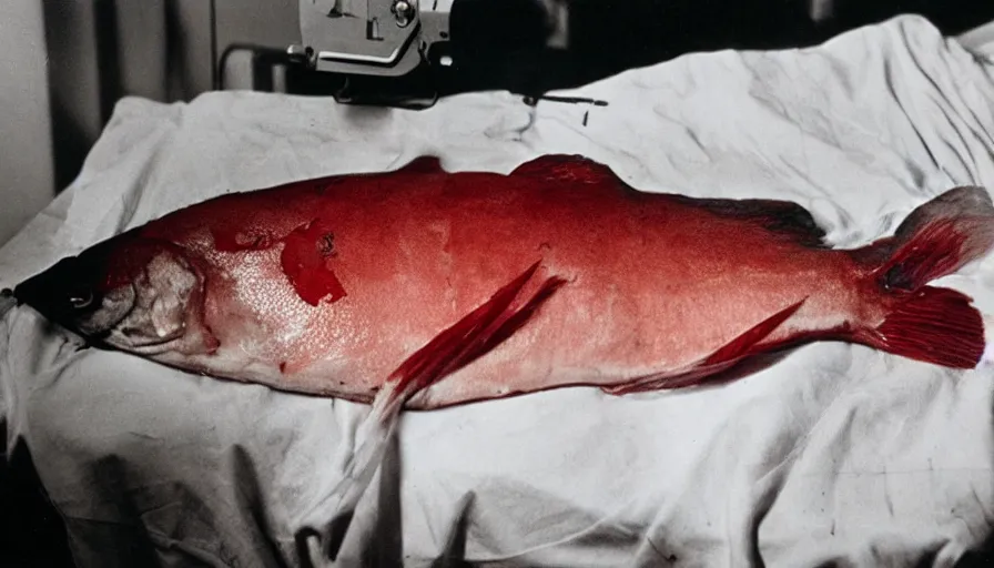 Image similar to 5 0 s movie still of a bloody fish in a hospital, cinestill 8 0 0 t 3 5 mm technicolor, heavy grain, high quality, high detail