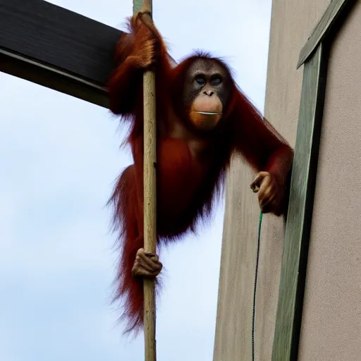 Prompt: an orangutan climbing up the side of my house