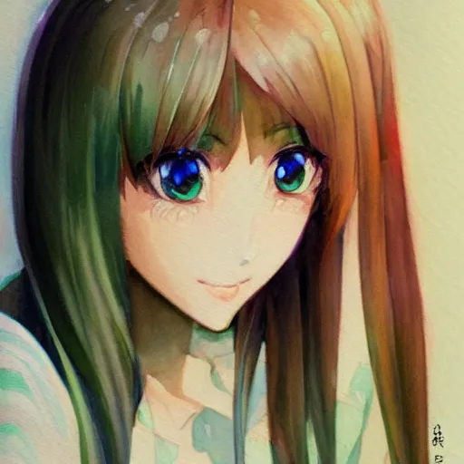 Image similar to oil WATERCOLOR painting of a beautiful pretty pure kawaii cute lovely innocent elegant hot nice sweet girly feminine long hair anime ELF waifu sister girl Trending on Pixiv