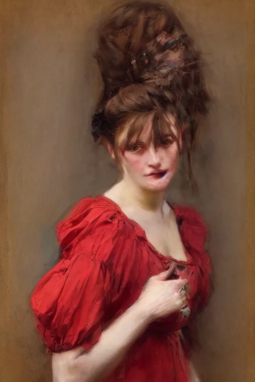 Image similar to Solomon Joseph Solomon and Richard Schmid and Jeremy Lipking victorian genre painting full length portrait painting of a young beautiful woman traditional german barmaid in fantasy costume, red background