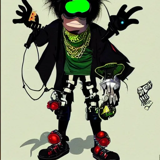Image similar to a cybergoth guy wearing goggles and eccentric jewelry by jamie hewlett : : full body character concept art, detailed,
