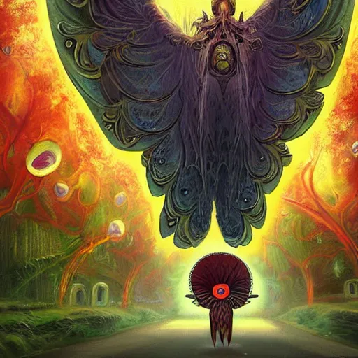 Image similar to 8K Portrait of centered chest up of a psychedelic godlike mothman with giant mandala wings smoking a hand-rolled cigarette smoking heavily , magic mushroom village in background , post-processing , award winning. superb resolution. in the art style of junji Ito and greg rutkowski . Detailed Mushroom city in background. Hyper realistic anime. Perfect art. Dalle2