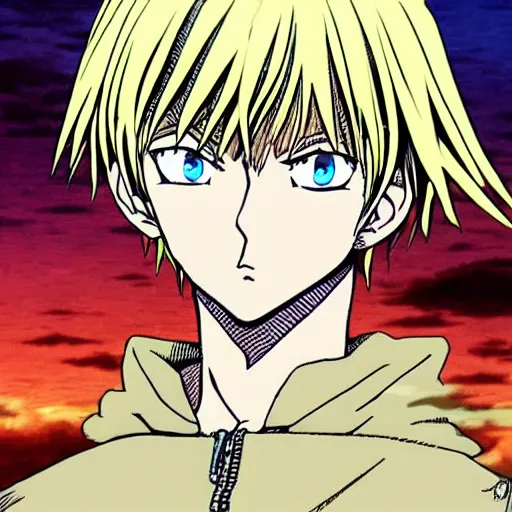 Prompt: blonde boy fantasy thief, vinland saga, anime style