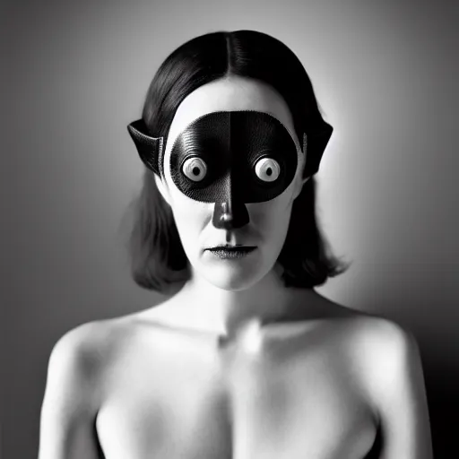 Image similar to old monochrom portrait photography of a beautiful girl with one eye, cyclops, in a victorian decor, by man ray, alfred ghisoland, gemmy woud - binendijk, erwin olaf, 4 k,