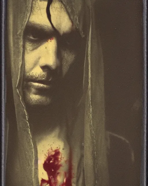 Image similar to an instant photo of a handsome but sinister ghost of a man in layers of fear, with violence in his eyes, 1 9 7 0 s, seventies, woodlands, delicate embellishments, a little blood, crimson, painterly, offset printing technique, by alexandre cabanel