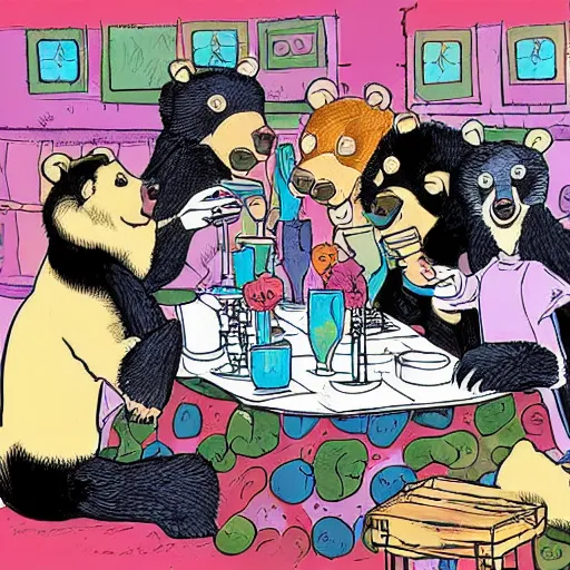 Image similar to a group of friends drinking bear, comic art, highly detailed, colorful