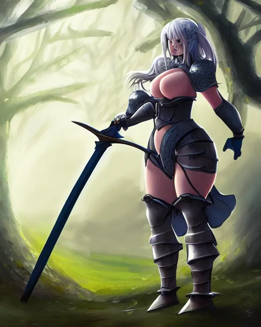 Prompt: concept art of a thicc girl knight in a epic pose, wearing heavy medival knight armor, holding a long sword, walking through a foggy oak forest | | epic - fine - clean, polished, trending on artstation, brush strokes