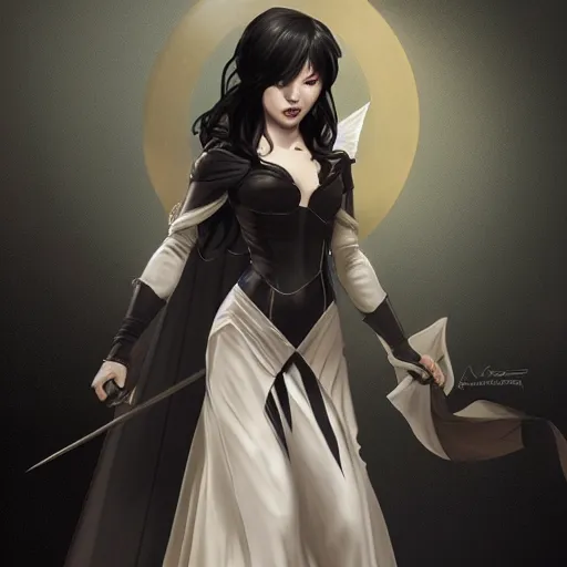 Prompt: cassandra cain in a wedding dress with long black hair, cg animation, riot entertainment, arcane, realistic, character select portrait, by artgerm, greg rutkowski, alphonse mucha, 3 d