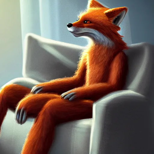 Image similar to an anthropomorphic fox wearing a t-shirt and jeans sitting on a couch, 8k resolution matte fantasy painting, cinematic lighting, DeviantArt, Artstation, furry, anthro, anthropomorphic, furaffinity