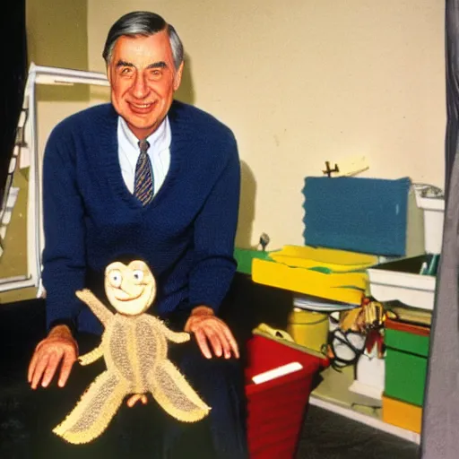 Image similar to mr. rogers proudly displaying his mr. rogers made of octopus, color production backstage photo