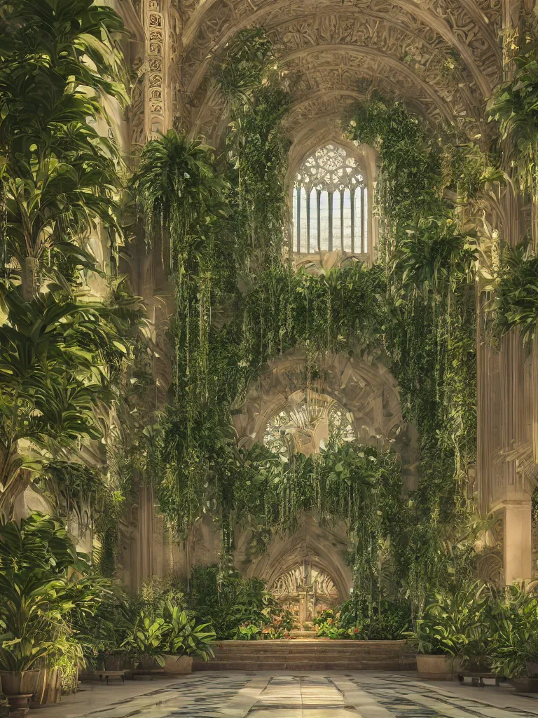 Prompt: grand cathedral interior with koi pond in the middle surrounded by palm trees, ivy, flowers, tropical plants, roses, and with archways, rendered in octane render with photorealistic cinematic volumetric lighting, cinematic, symmetrical down vertical center
