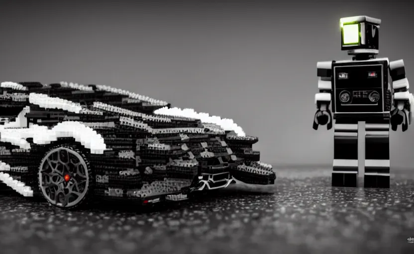 Image similar to a robot plays with a black lego lamborghini. soft light. dark background. cinematic. intricate. highly detailed