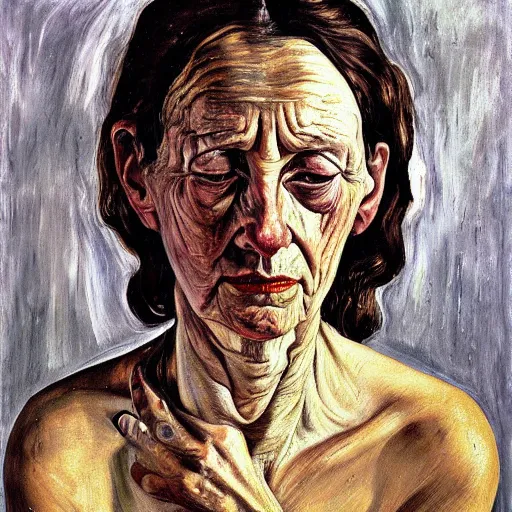 Image similar to Oil painting Portrait of a sad Woman, by Lucian Freud, Abstract brush strokes, Masterpiece