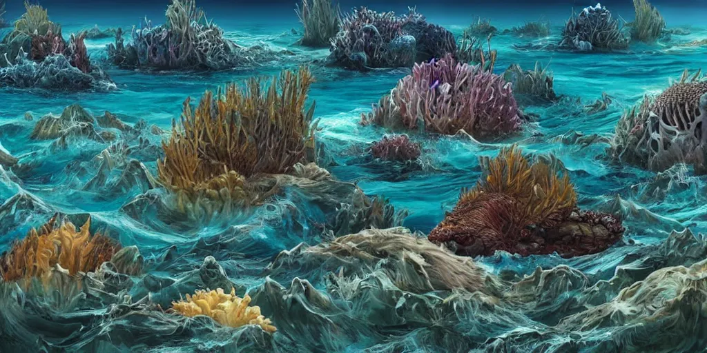 Prompt: a landscape of the ocean but with terrifying creatures visible under the waters surface