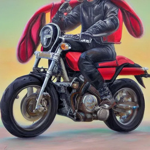 Prompt: portrait of a bunny riding a motorcycle, oil painting, beautiful, detailed