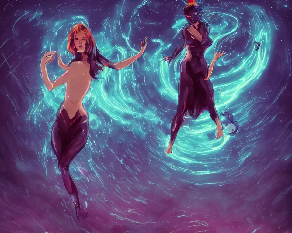 Image similar to beautiful whimsical cat woman standing in a lake in the moonlight, using magic, under a multi-colored binary blackhole with an accretion disc, glowing trails following her arms, wearing professional makeup, acidwave, by Lois van Baarle, by Greg Rutkowski, by artgerm, by beeple, by studio ghibli, cinematic angle, volumetric lighting, 4k resolution, octane render, trending on artstation, masterpiece