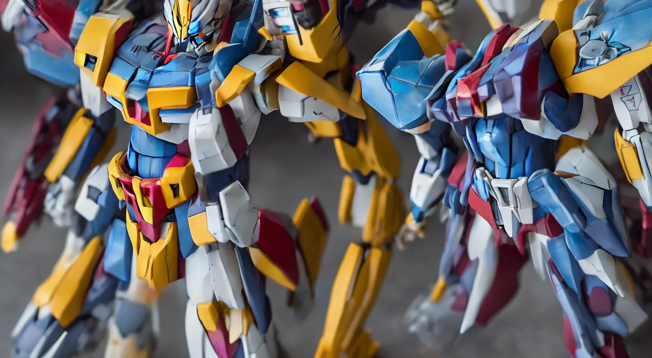 Image similar to medium close up view, Gundam,Guyver,colourful space, bokeh, blur, cinematic lighting