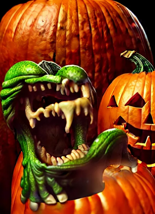 Image similar to hyperrealistic rendering, epic pumpkin overlord battle by art of skinner and richard corben and jeff easley, product photography, action figure, sofubi, studio lighting, colored gels