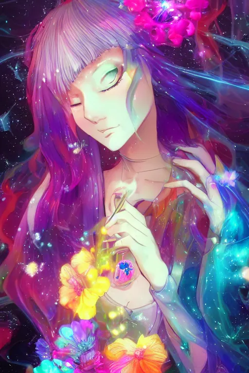 Image similar to psychedelic, whimsical, anime, 4k, beautiful intimate woman blowing smoke, with professional makeup, long trippy hair, a crystal and flower dress, sitting in a reflective pool, surrounded by gems, underneath the stars, rainbow fireflies, trending on patreon, deviantart, twitter, artstation, volumetric lighting, heavy contrast, art style of Ross Tran and Viktoria Gavrilenko and Ilya Kuvshinov