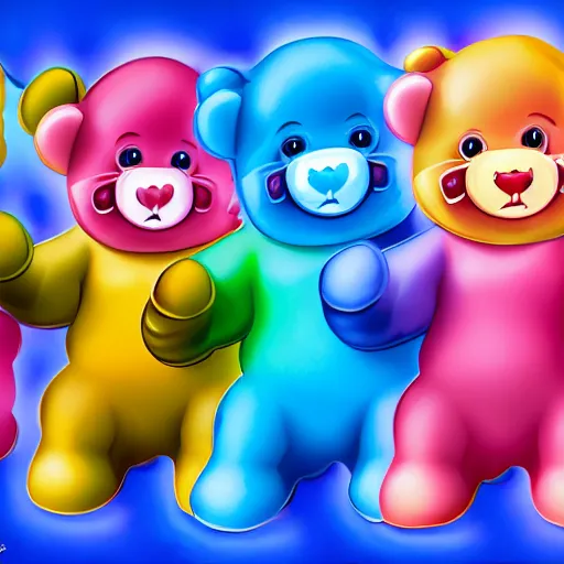 Prompt: care bears with bloody knife, digital art, rich deep colors, smooth shadows, high resolution, cinematic