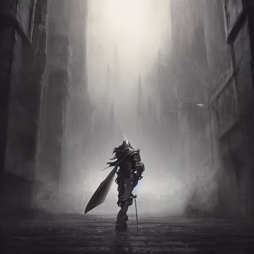 Image similar to black style knight with a powerful weapon, fog, dramatic lighting, cinematic composition, a fantasy digital painting by greg rutkowski and james gurney, trending on artstation, highly detailed, hyperrealistic, realistic, photorealistic, dynamic lighting, highly detailed, cinematic landscape, studio lighting