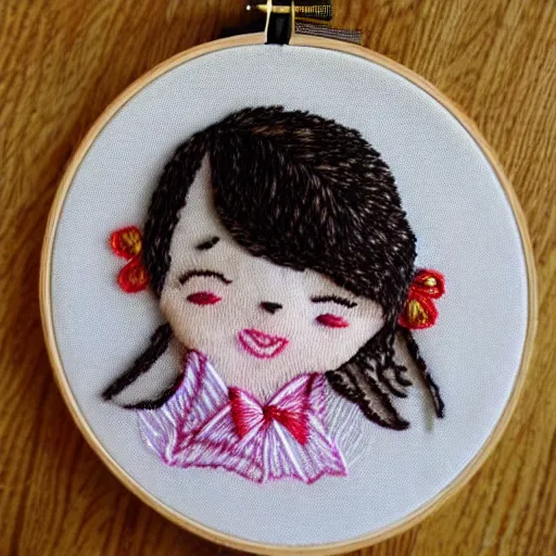 Image similar to a tiny beautiful handmade embroidery of a little girl with brown curly hair. hand embroidery.