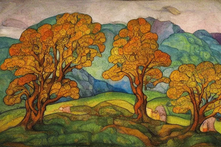 Image similar to masterpiece painting of oak trees on a hillside overlooking a creek, dramatic lighting, by phoebe anna traquair