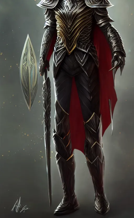 Image similar to A medium shot portrait of a male elf, he is about 20 years old, attractive, lean but muscular, serious composure, short silver hair, prideful look, he is wearing black heavy armor with gold plating and a red cape, highly detailed portrait, digital painting, ArtStation, concept art, smooth, sharp focus illustration, ArtStation HQ