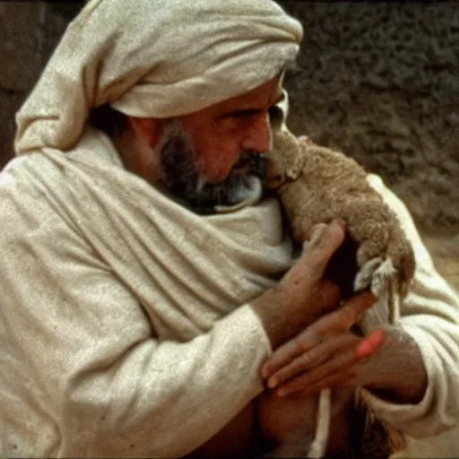 Prompt: cinematic still of man in ancient Canaanite clothing cradling a lamb, sad, anguished, somber, serious, directed by Terrence Malick