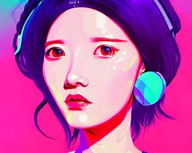 Prompt: beautiful portrait of momo from twice as a sci fi woman, with chaotic vaporwave aesthetic, concept art by james gilleard, wlop, artstation, cgsociety, synchromism, 8 0 s animation flat cell shaded. with thick black pencil lines - h 7 6 8